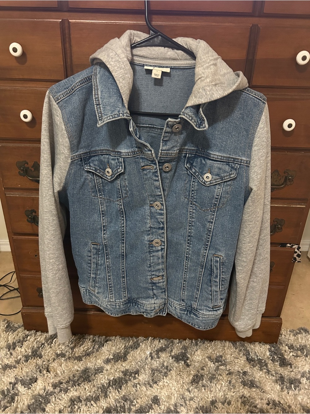 Style & Co. Blue Denim Jacket with Gray Hoodie Sleeves